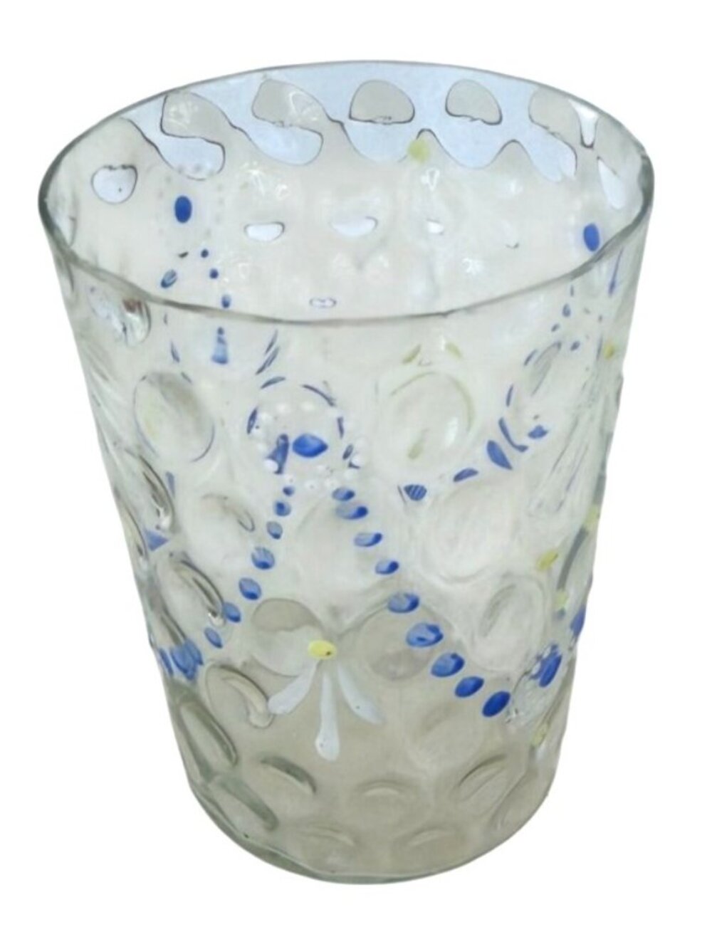 Vintage Hand-Painted Thumbprint Glass Tumbler Blue Dot & Yellow Floral Flower - Picture 3 of 3